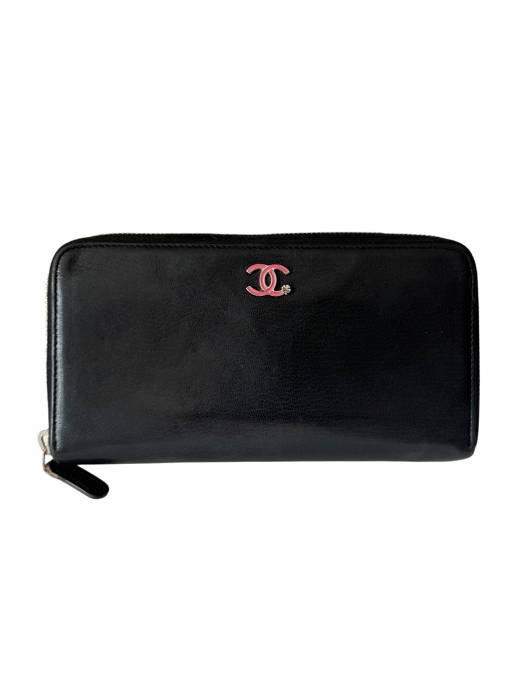 Chanel Pink Clover Long Zip Wallet Black Calfskin Floral Interior CC Logo